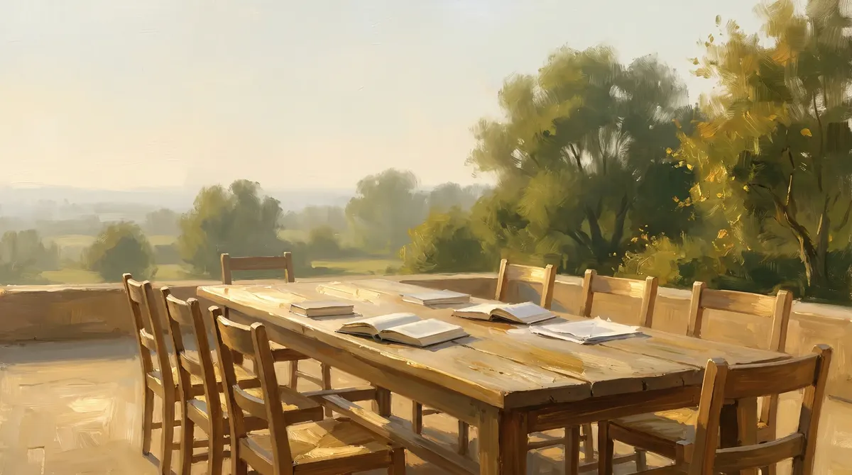 Painted books and papers on a terrace table overlooking a green landscape.