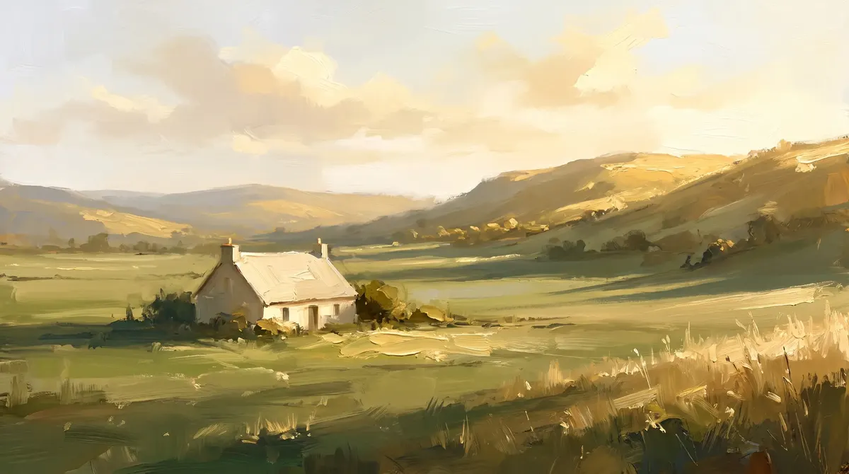Oil painting of a small house in a green valley beneath warm afternoon light.