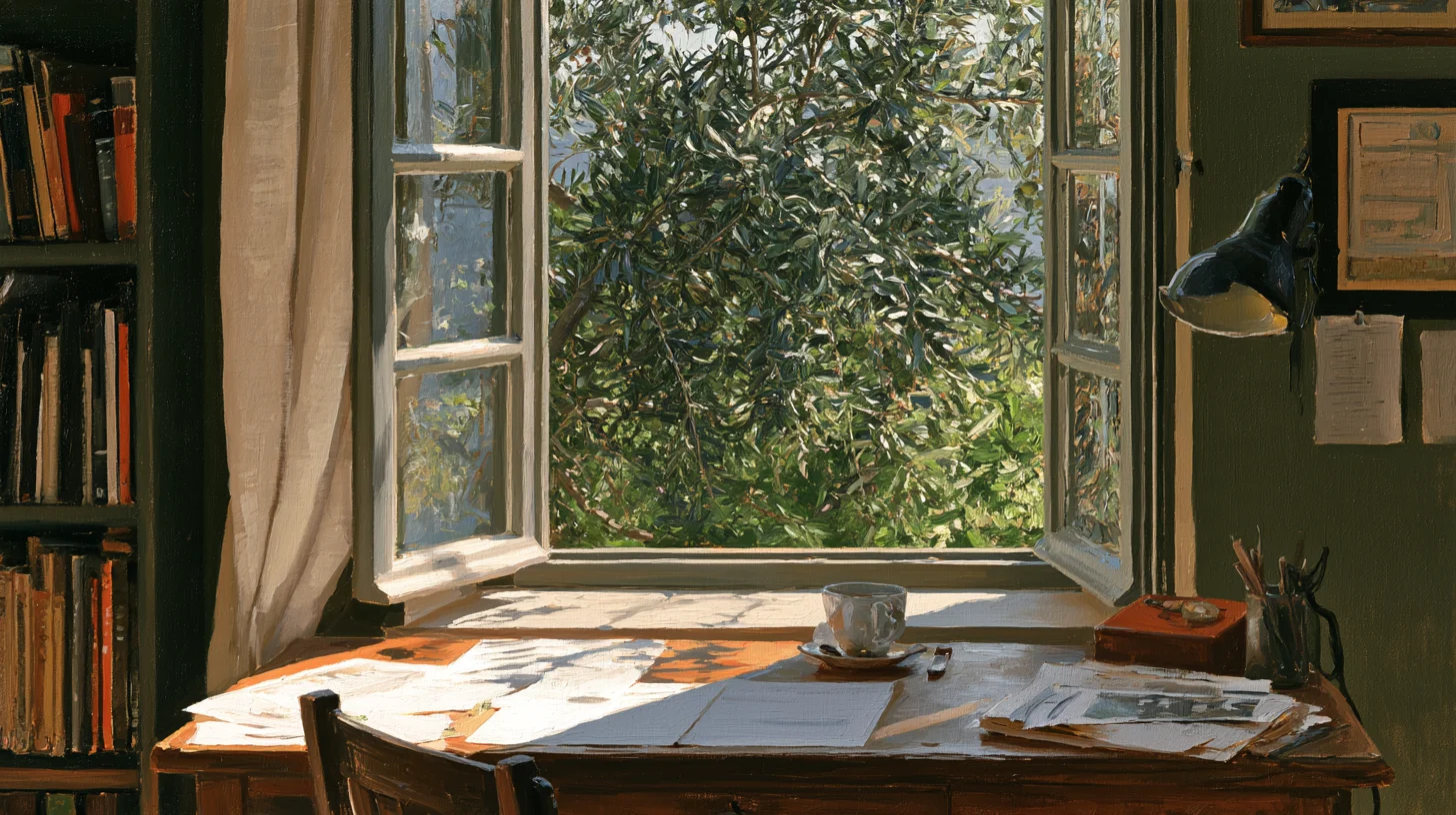 Oil painting of a wooden worktable with papers and books beside an open window overlooking an olive tree.