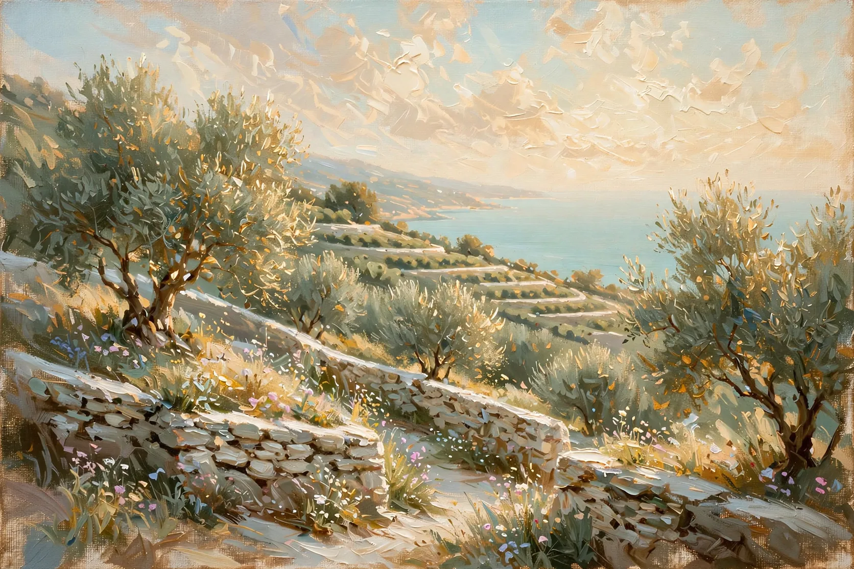 Oil painting of an olive hillside path in warm light, looking toward a quiet sea.